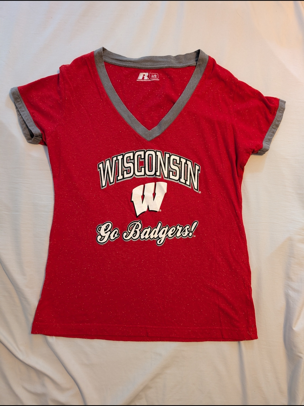 Russell Athletic Red V-Neck Wisconsin 'Go Badgers' Tee with Gray Trim Women's Lg